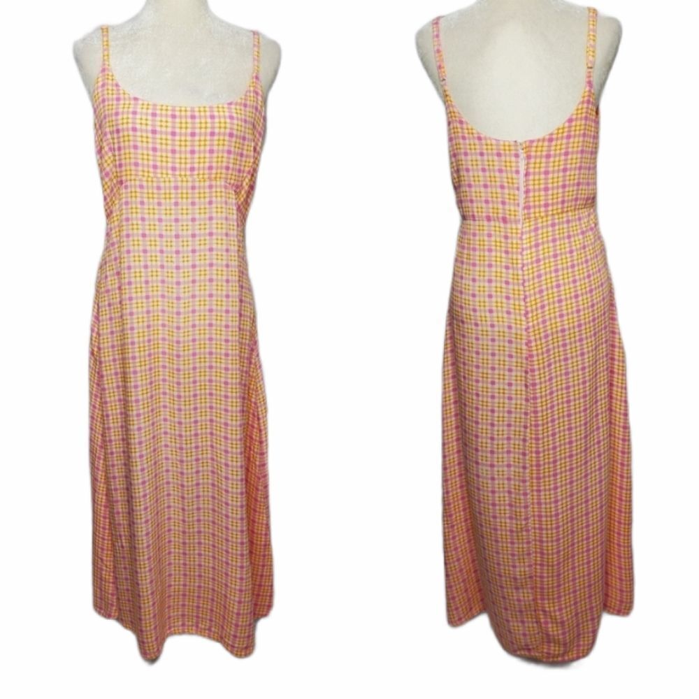 VINTAGE 70s maxi‎ dress pink plaid spaghetti strap rayon S